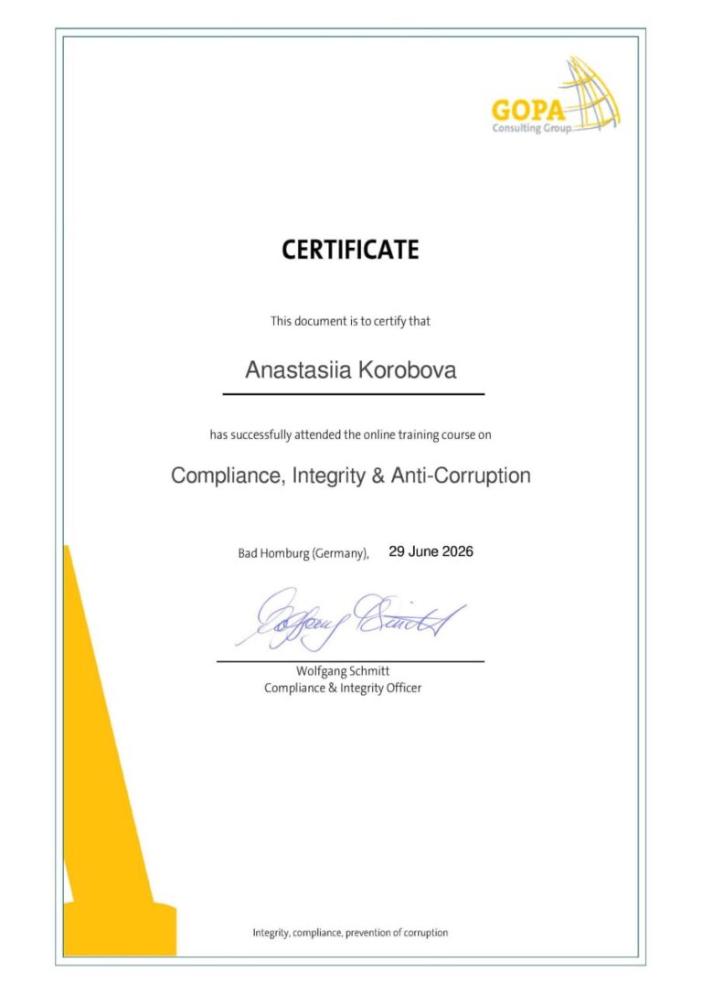 Бізнес-тренерка Анастасія Коробова пройшла курс GOPA Consulting Group з комплаєнсу, доброчесності та антикорупції
